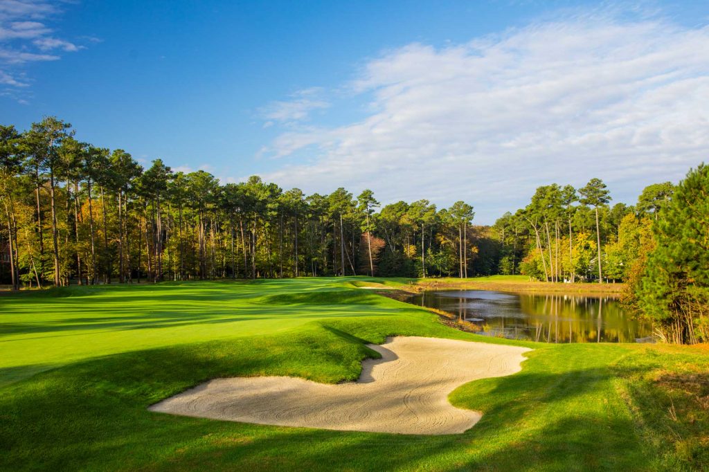 View of golf course with trees in the background