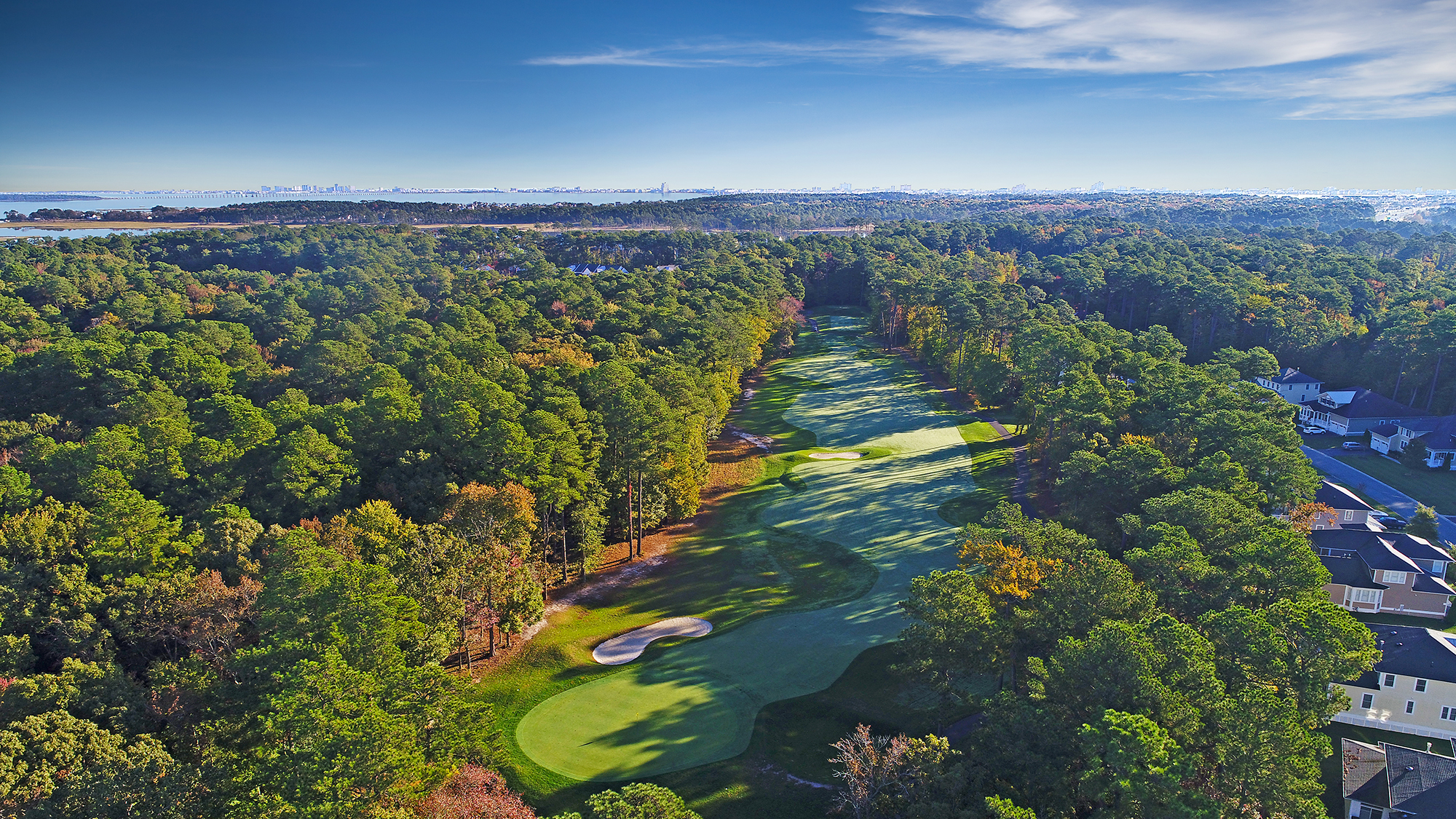 Aerial view of golf course in the middle of trees